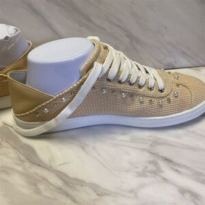 Stuart Weitzman Beige Convertible Lace-Up Sneakers Faux Pearl Accents Women